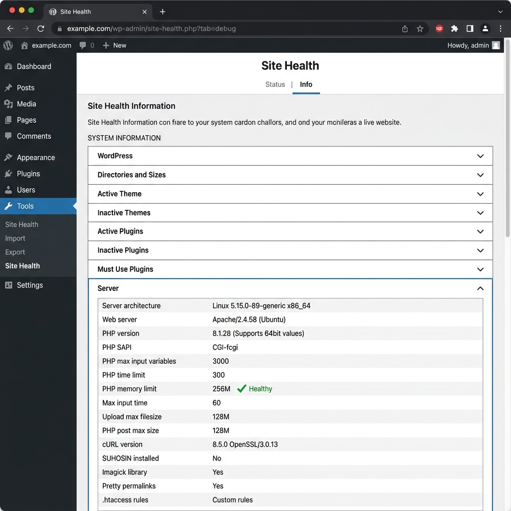 Site Health panel diagnosing WordPress memory leaks