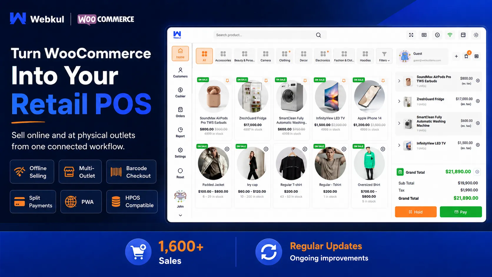 WooCommerce POS checkout screen with product grid, cart and payment options
