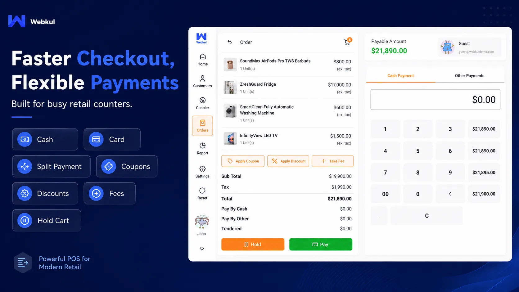 POS checkout showing split payment, discount, coupon and fee options