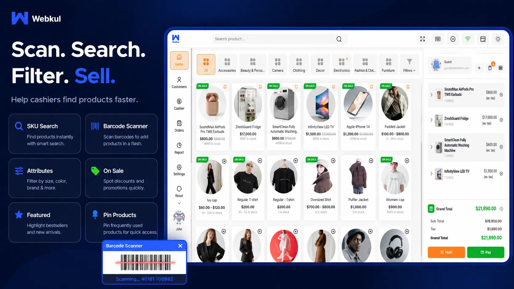 Product lookup in the POS using barcode scanning, SKU search and filters