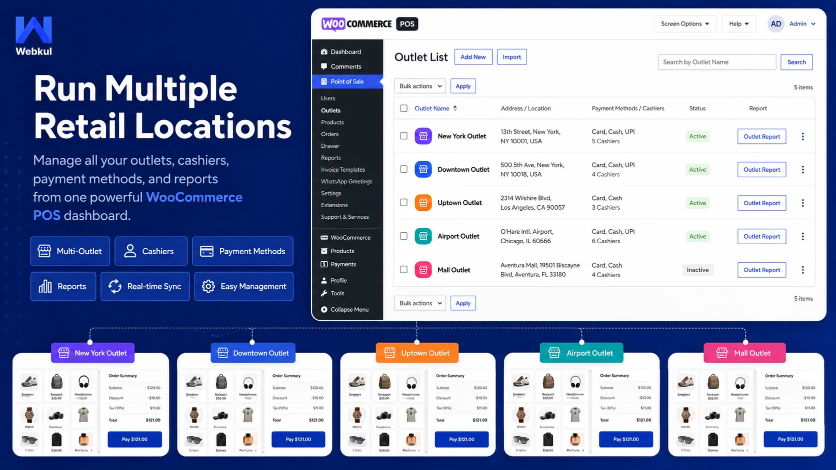Admin screen for creating outlets and assigning cashiers in WooCommerce POS