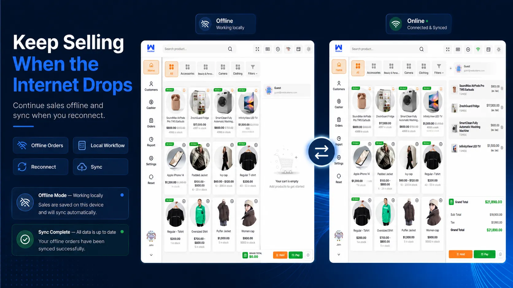POS running in offline mode and syncing sales after reconnecting