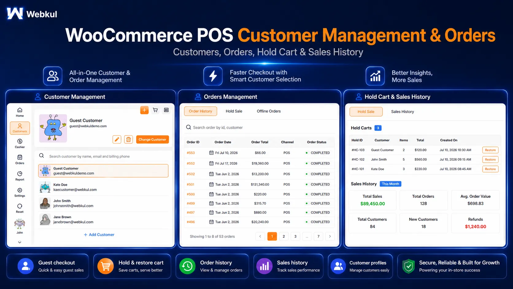 Customer list, order history and held carts inside the POS