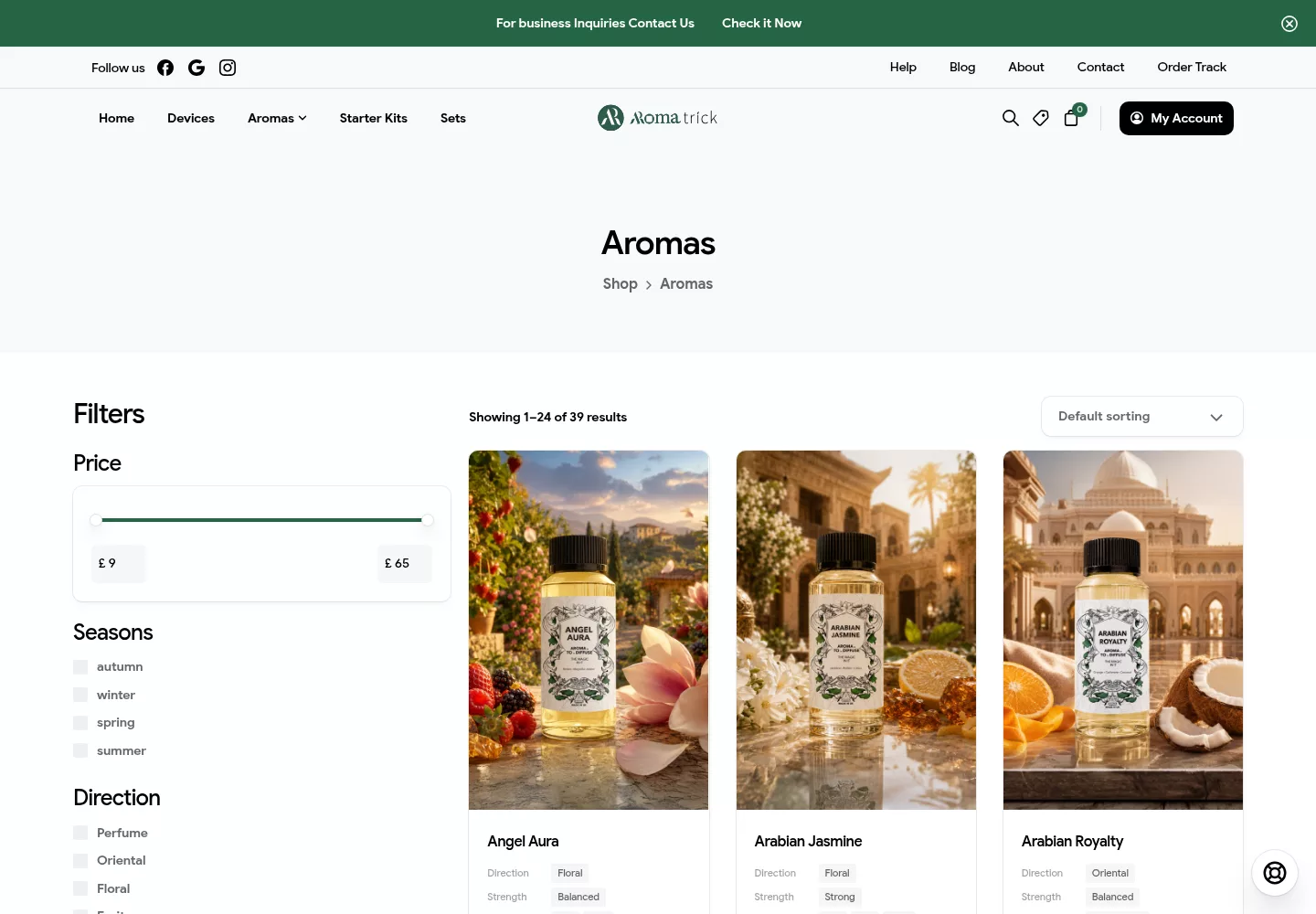 Aroma Trick pure aroma liquid catalogue page with season and fragrance filters