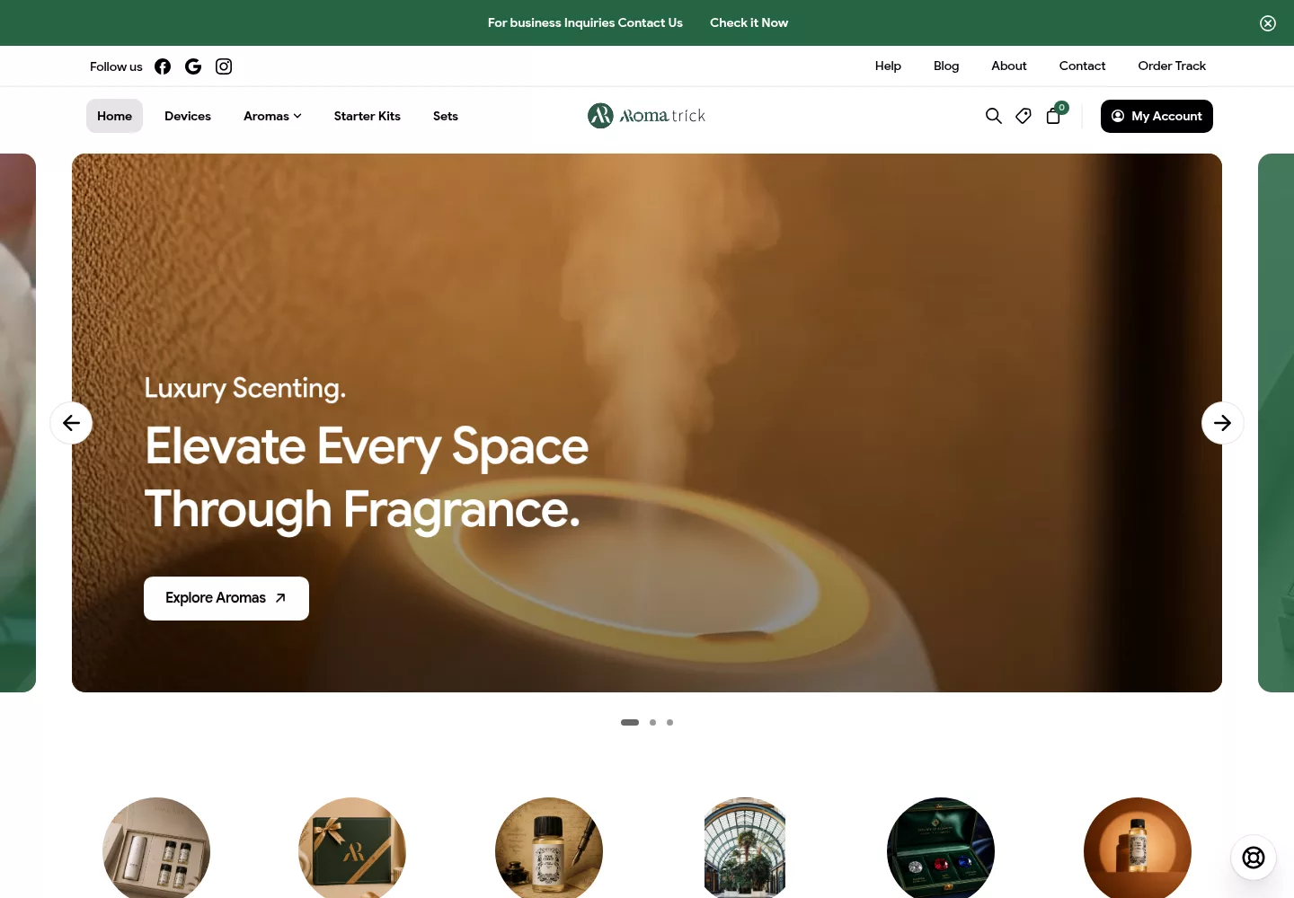 Aroma Trick online storefront homepage showing luxury scenting products