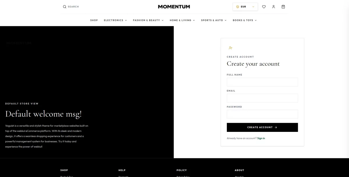 Login and sign up page in the Odoo Headless Momentum Theme