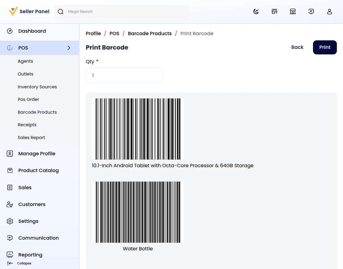 Marketplace Point of Sale barcode label list