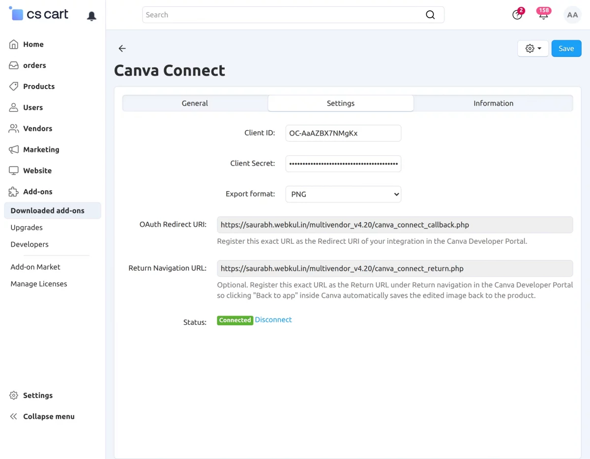 settings will show the status as Connected.