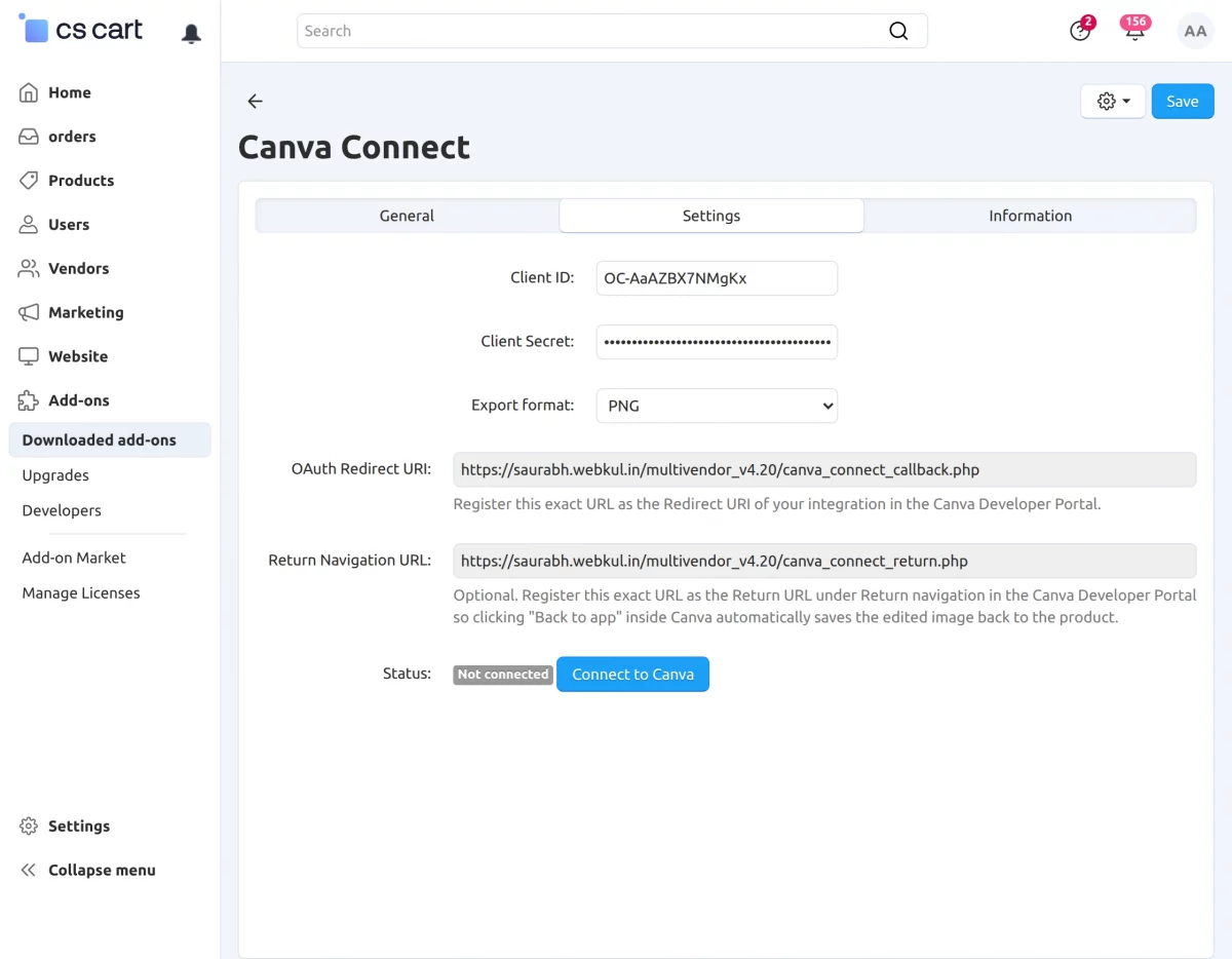 Configure Canva Connect in CS-Cart