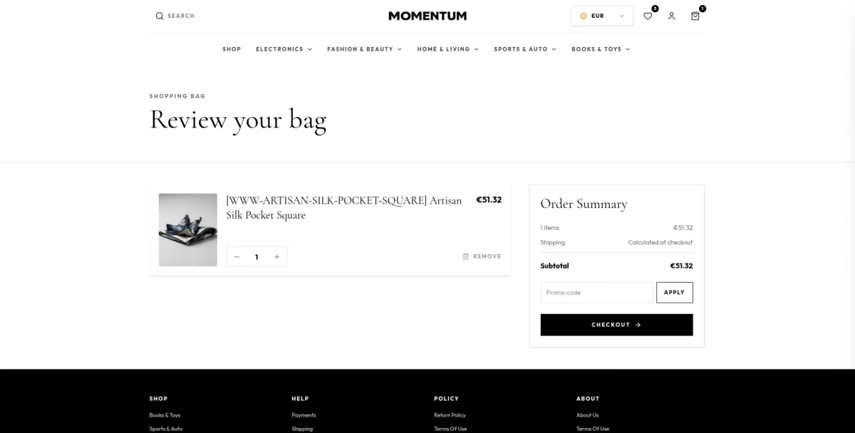 Cart page with order summary