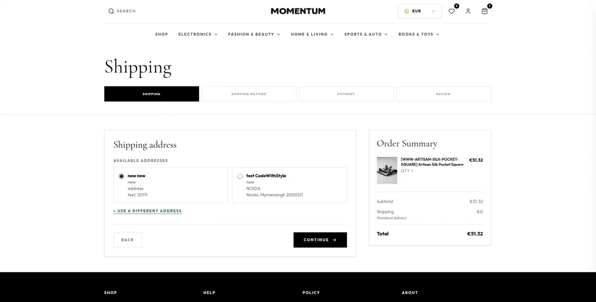 Multi-step checkout in the Odoo Headless Momentum Theme