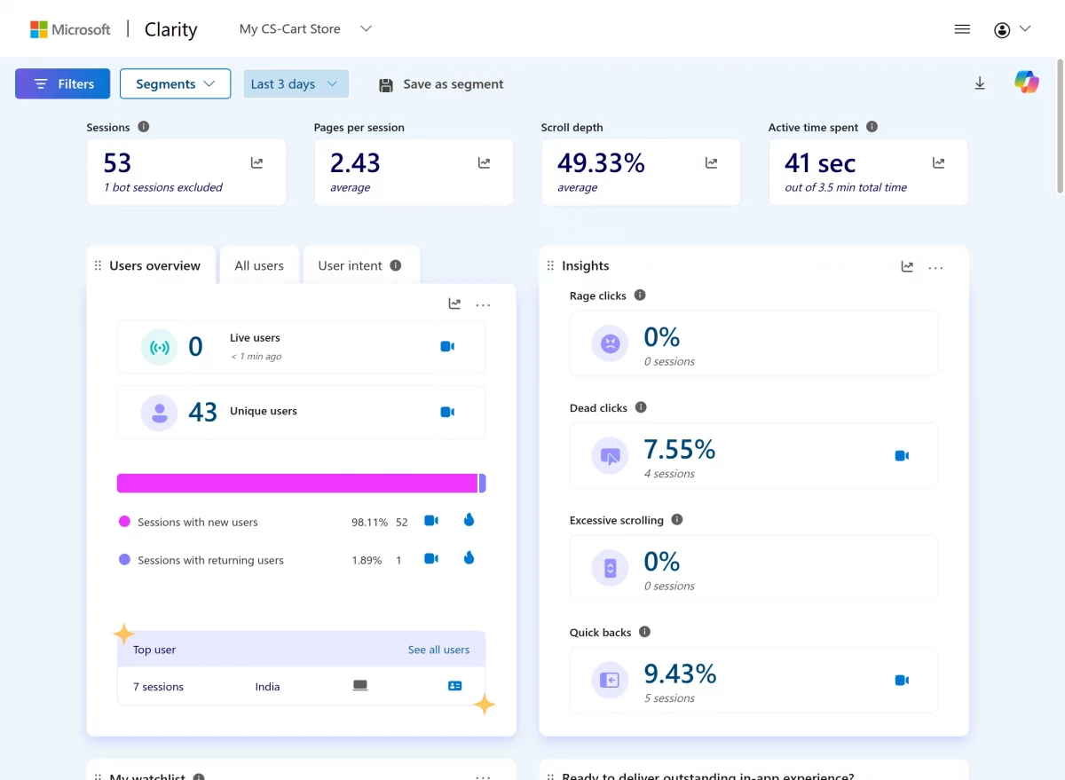 Microsoft Clarity developer/dashboard end