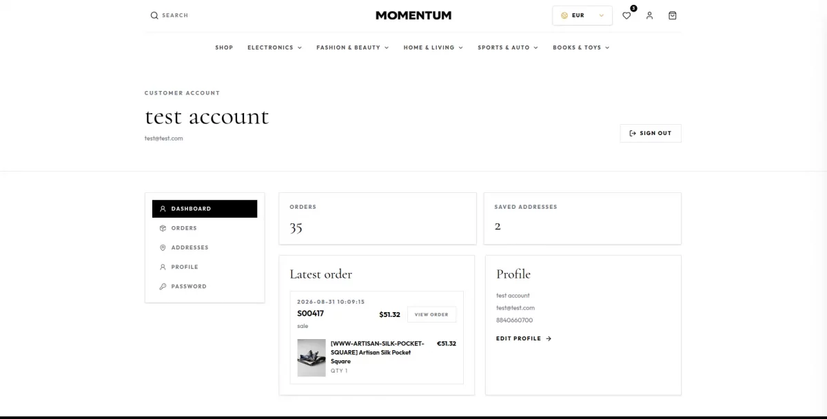ustomer account dashboard in the Odoo Headless Momentum Theme
