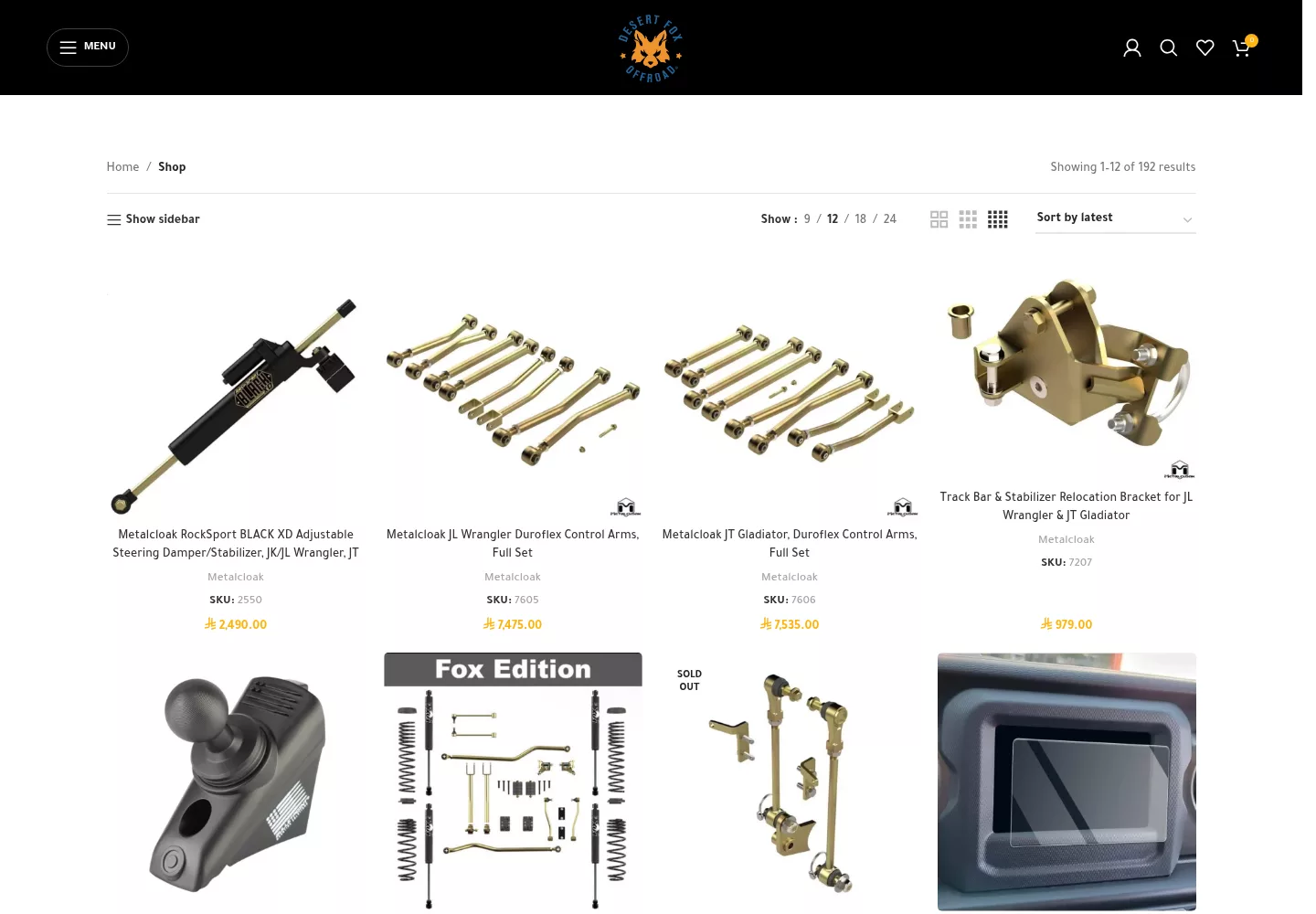 Desert Fox Offroad shop page listing Jeep suspension parts with SKU codes and SAR prices