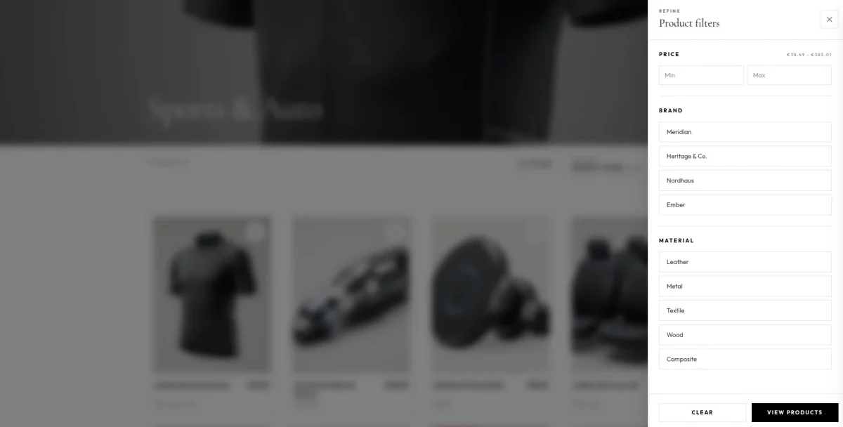 Filter and sort drawer on the category listing page