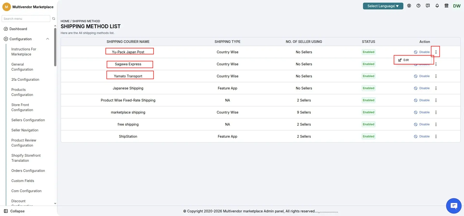 Edit Japanese Shipping Couriers