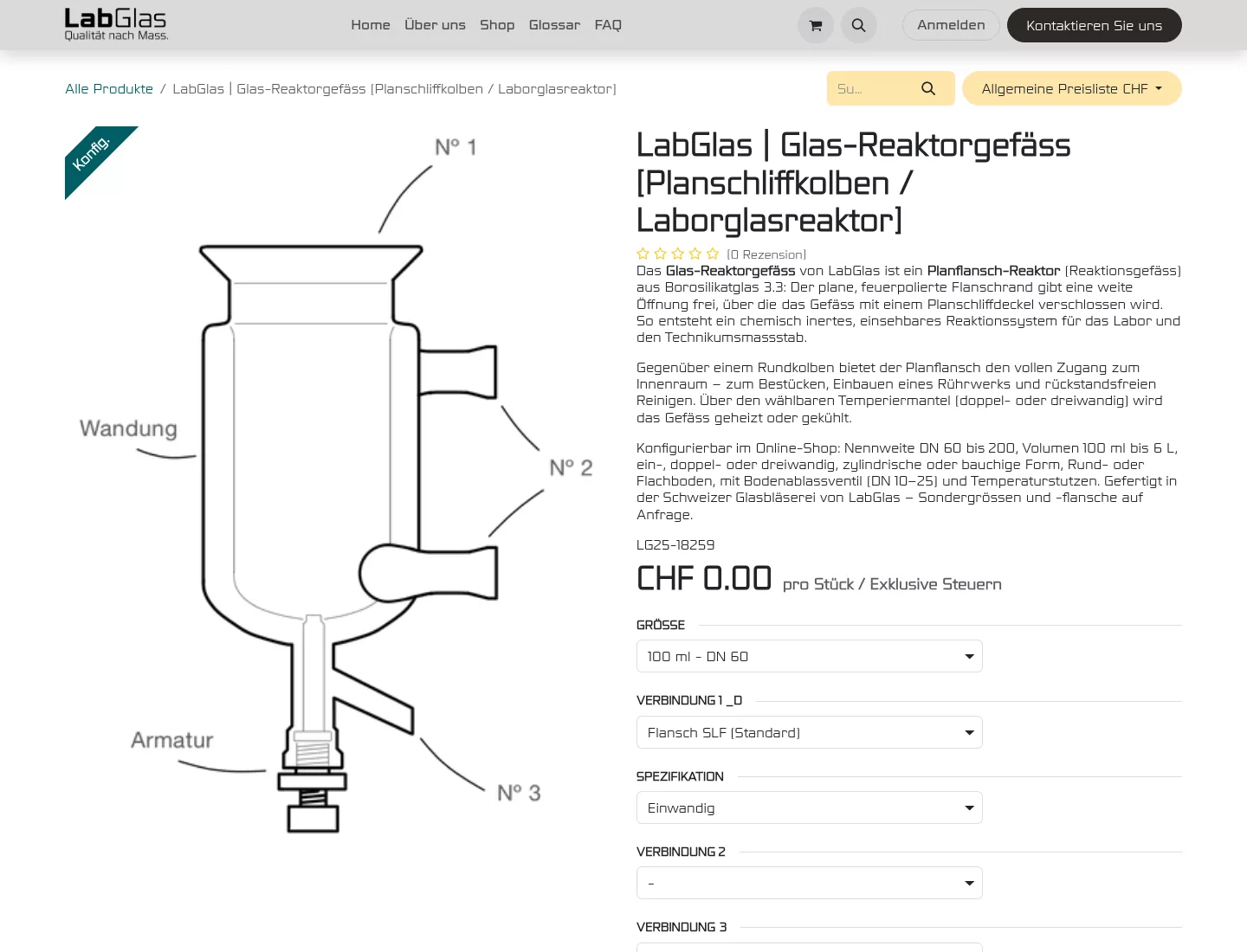LabGlas reactor vessel product page with size, connection and specification options