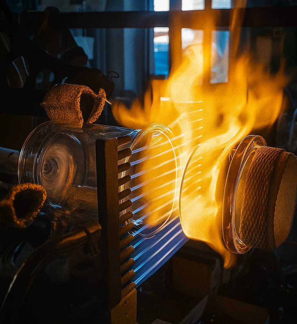 Glass vessel being shaped with a flame in the LabGlas workshop