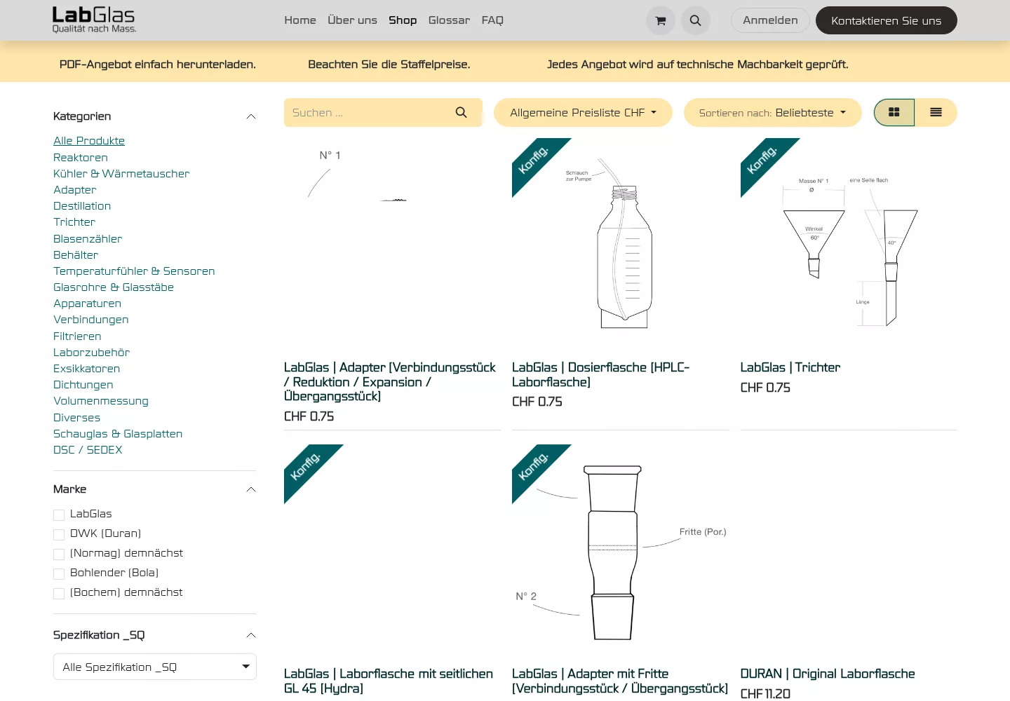 LabGlas online catalogue showing configurable laboratory glass products