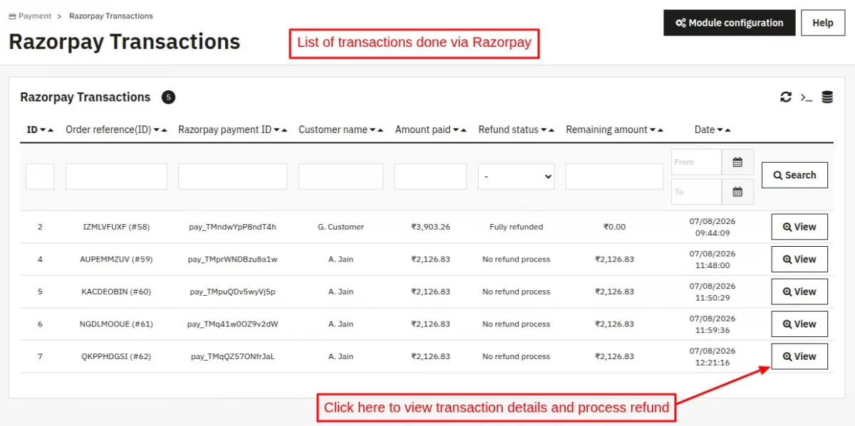 list of transactions