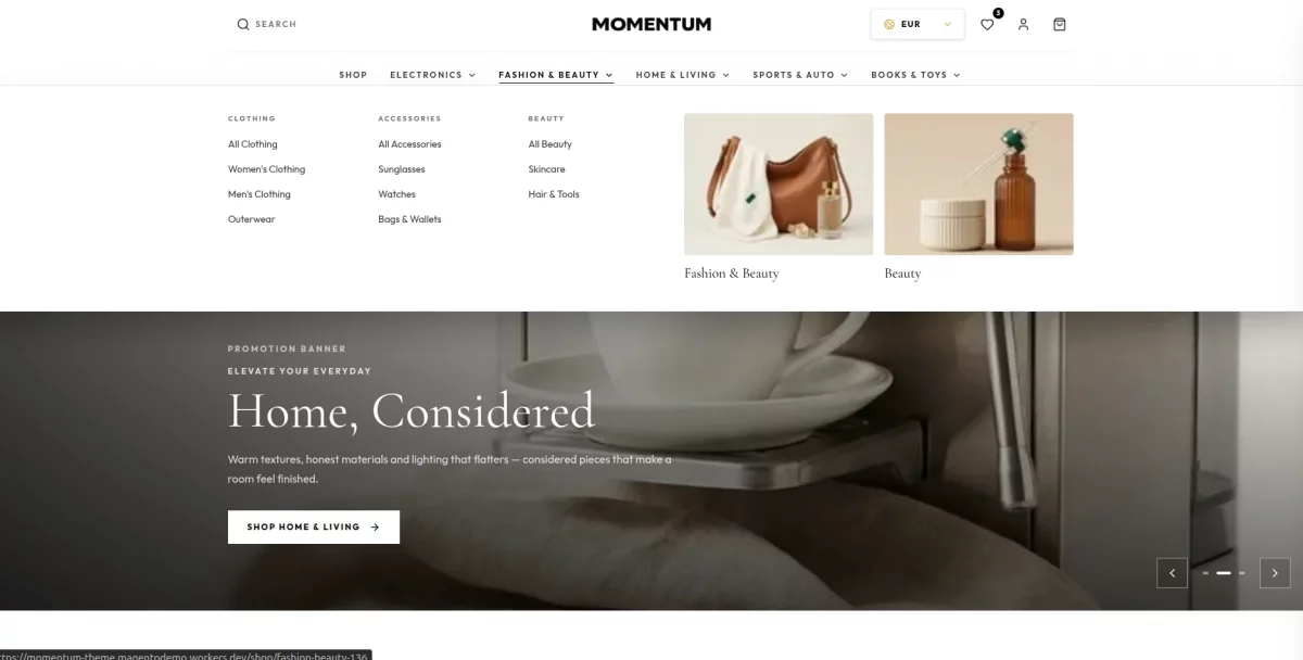 Mega menu navigation in the Odoo Headless Momentum Theme