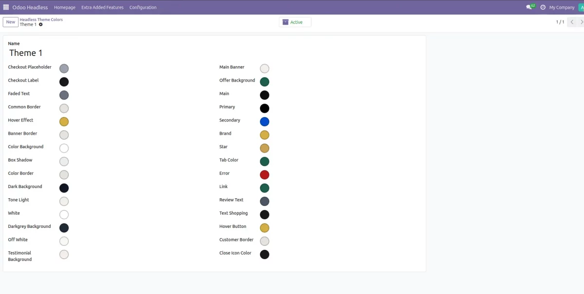 Odoo back office colour settings applied to the Momentum storefront