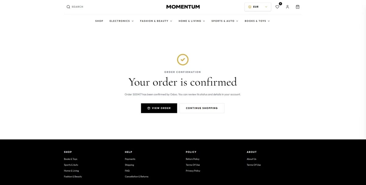 Order confirmation page with the order number