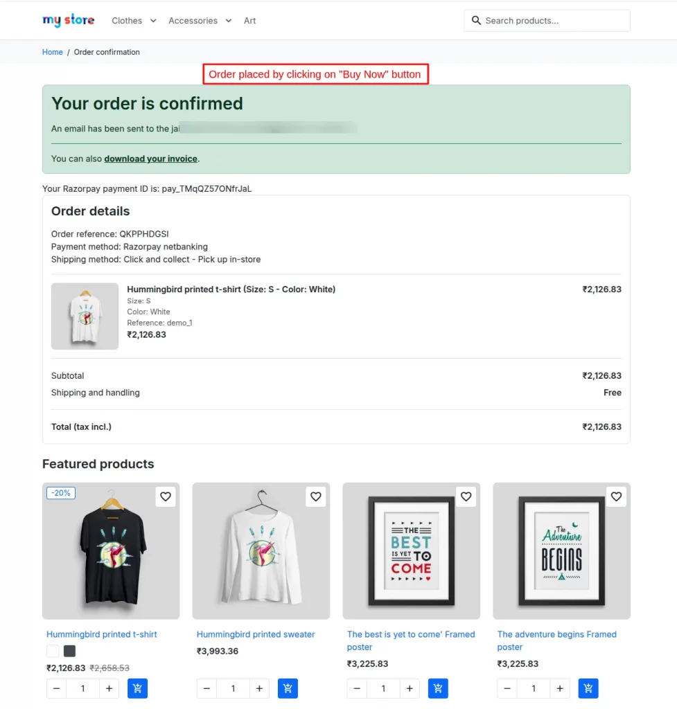 order confirmation on buy now