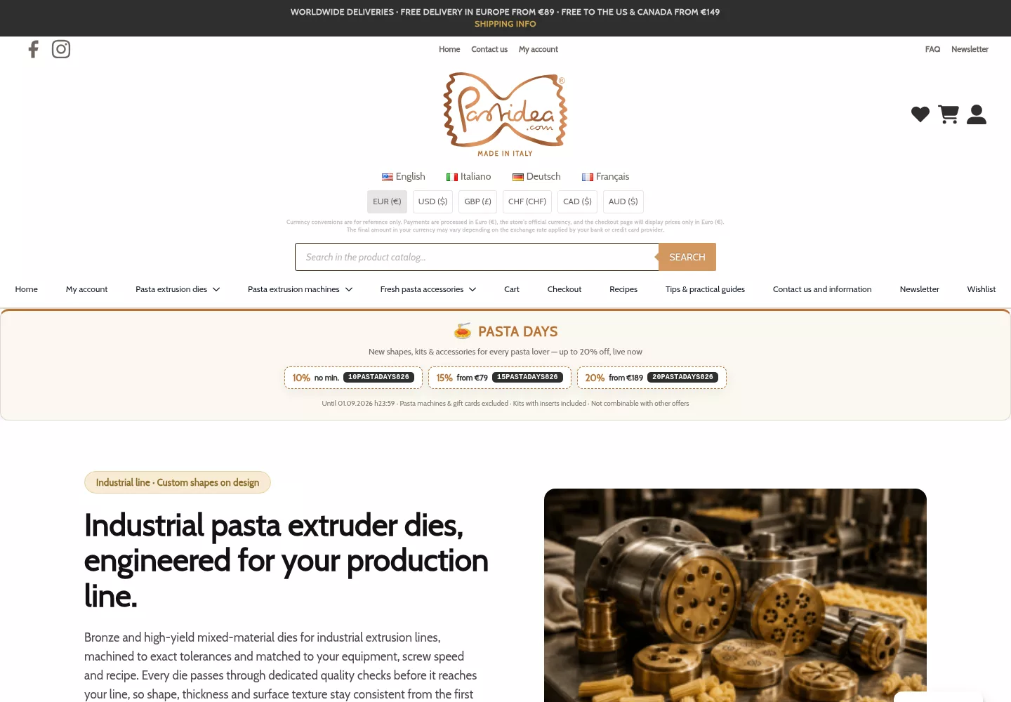 Pastidea page for industrial pasta extruder dies built to match a customer production line