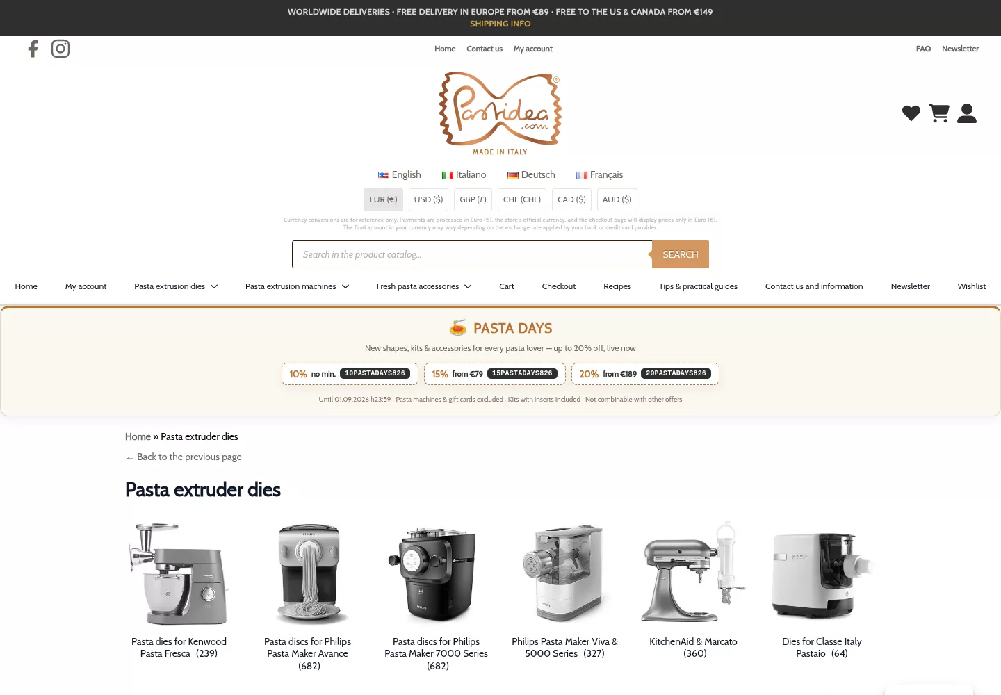 Pastidea WooCommerce catalogue listing pasta extrusion dies grouped by pasta machine model