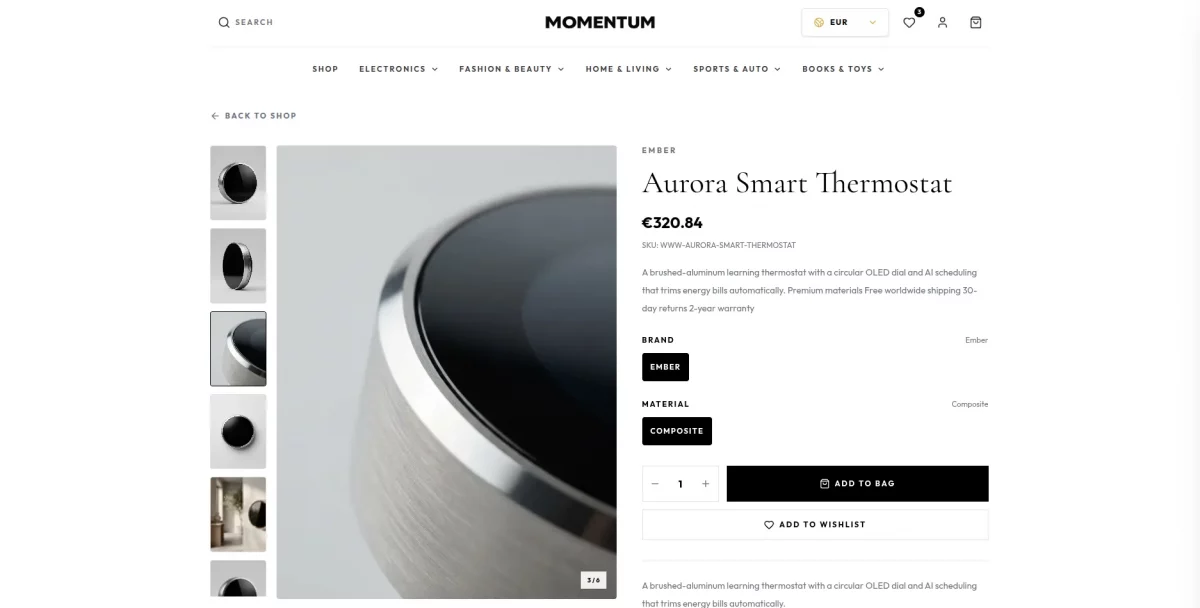 Product detail page in the Odoo Headless Momentum Theme