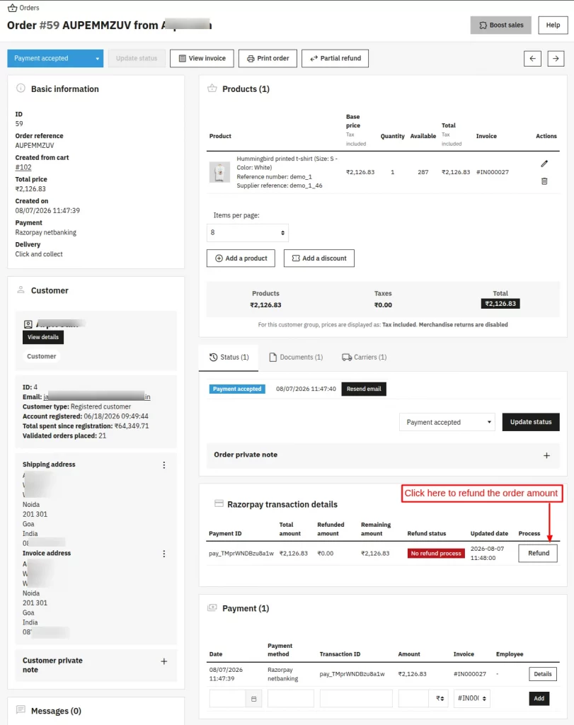 refund on order page