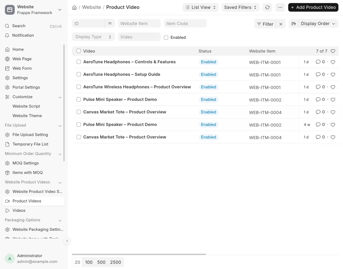 product video list add product video