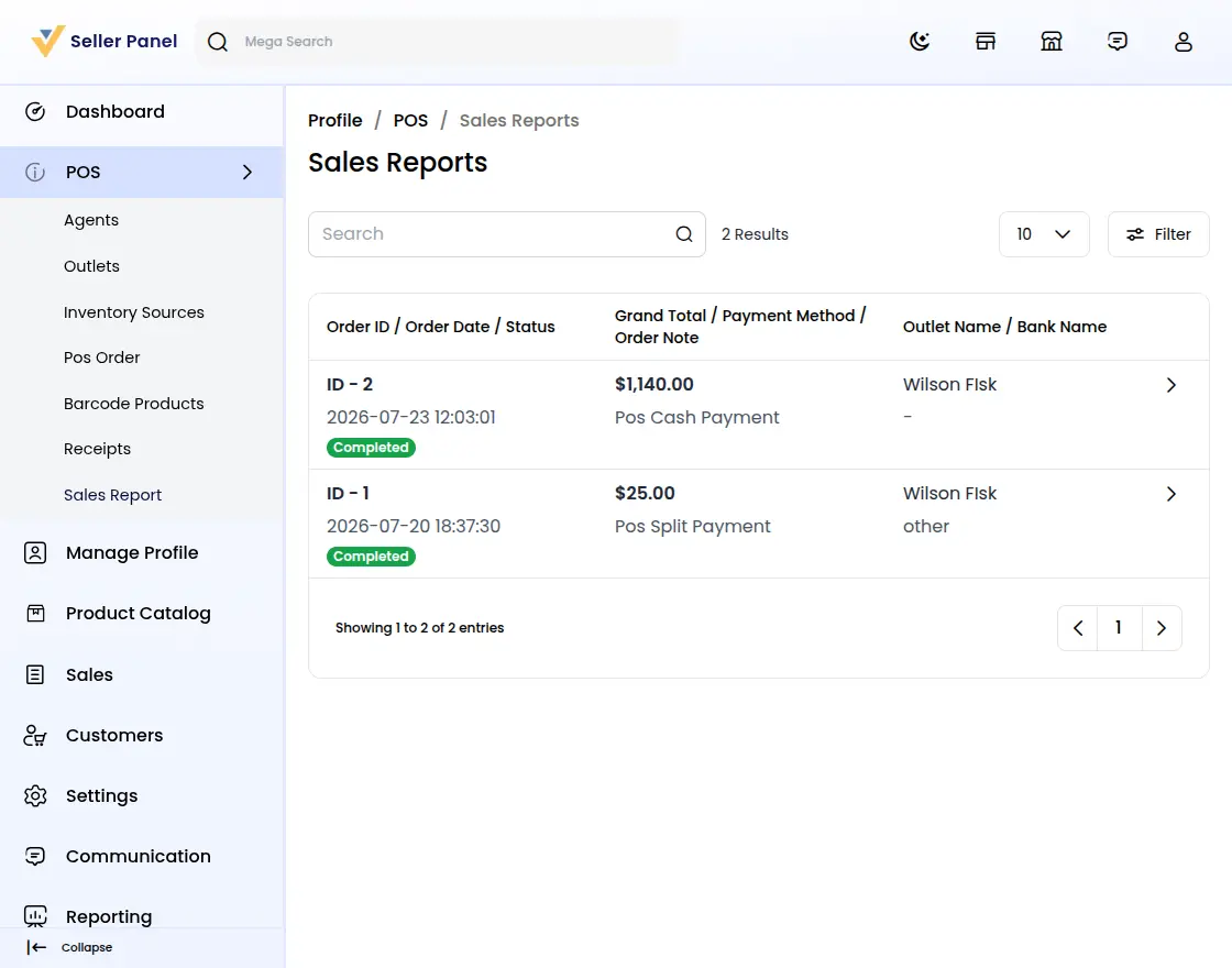 Marketplace Point of Sale sales report