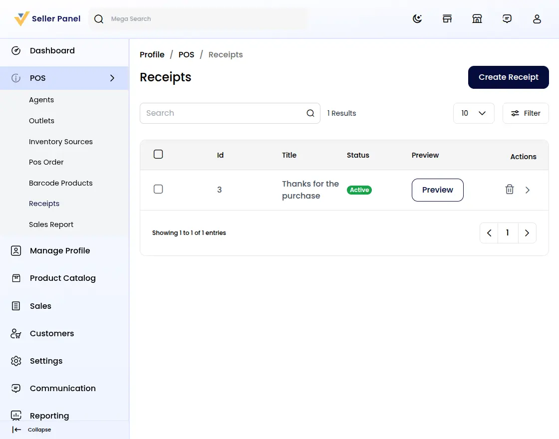 Marketplace Point of Sale seller receipt