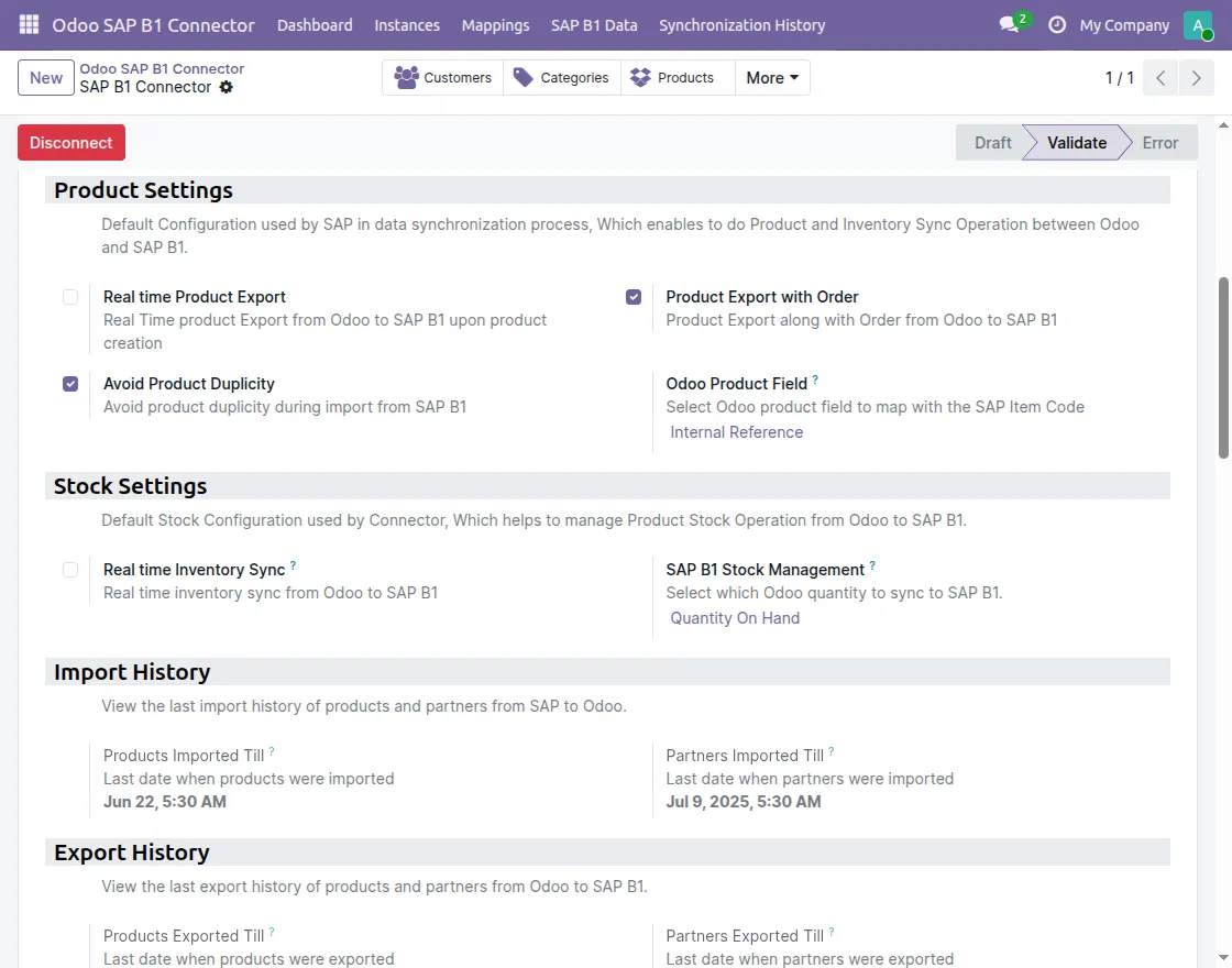 product and stock settings