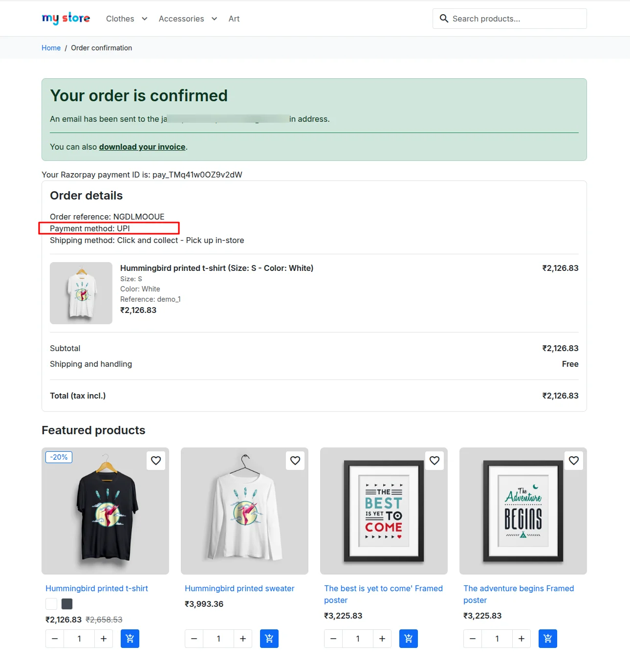 Upi on order confirmation