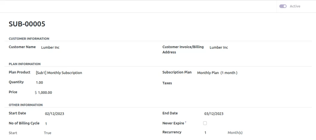 Webkul Odoo Subscription Management demo showing a subscription record with its plan, start date, end date and recurring cycle