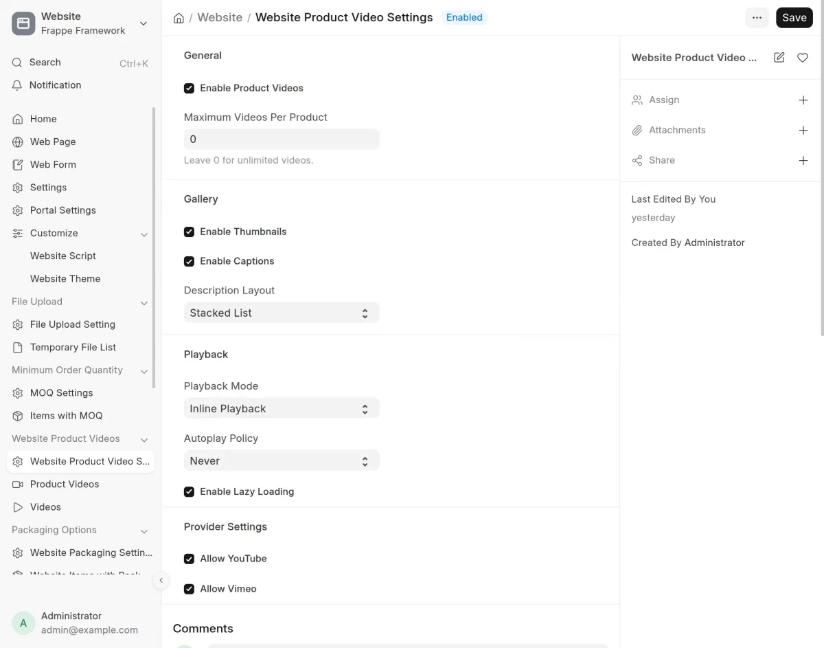 website product video settings