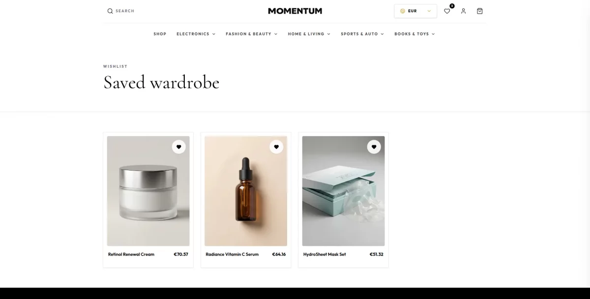 Wishlist page showing saved products