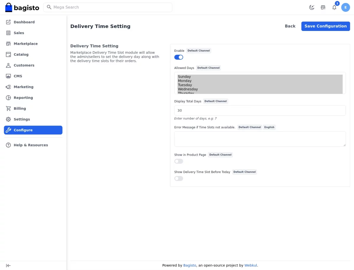 Bagisto Marketplace Delivery Time Slot SaaS admin configuration page showing the Delivery Time Setting fields