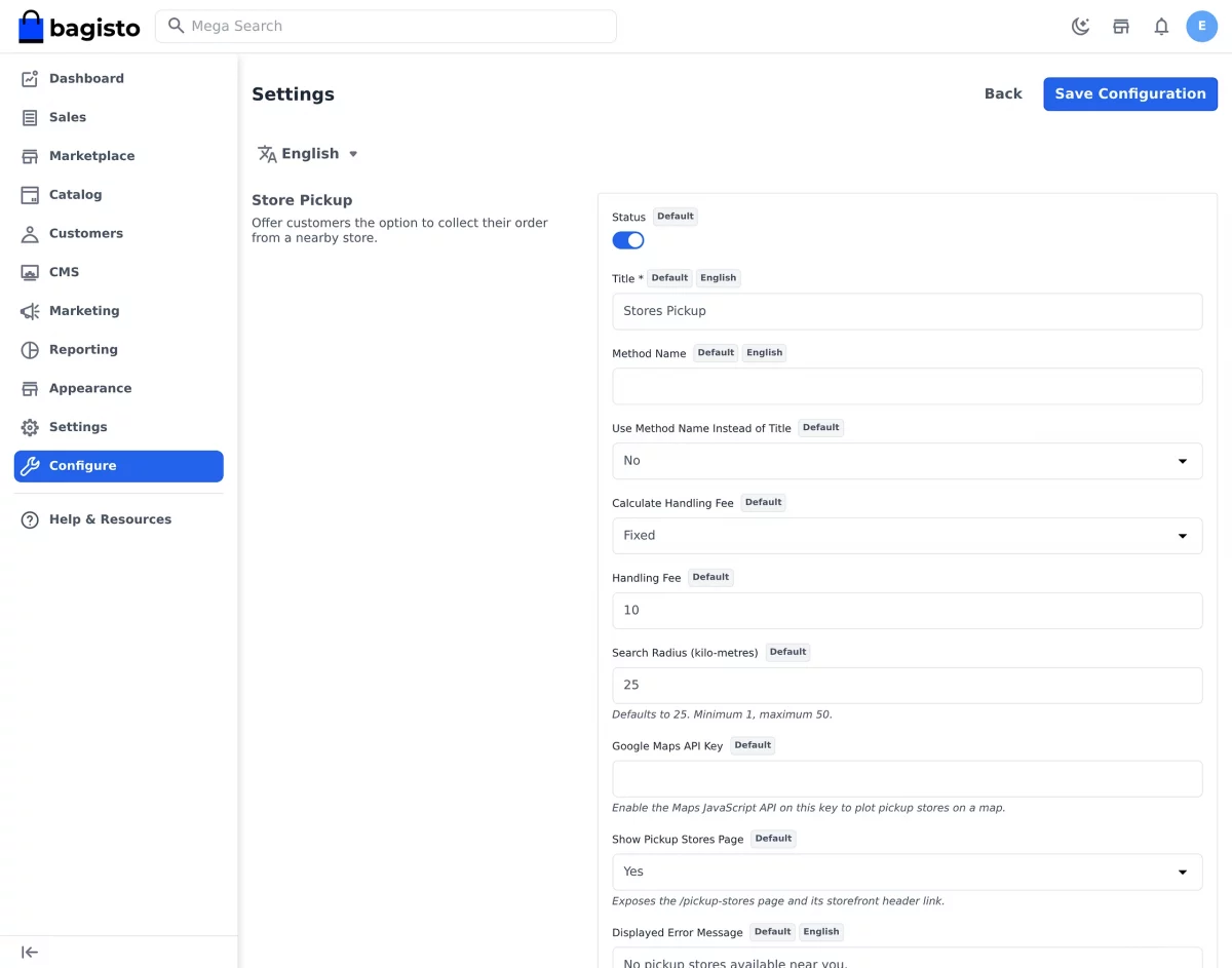 Bagisto store pickup extension configuration screen with Store Pickup settings