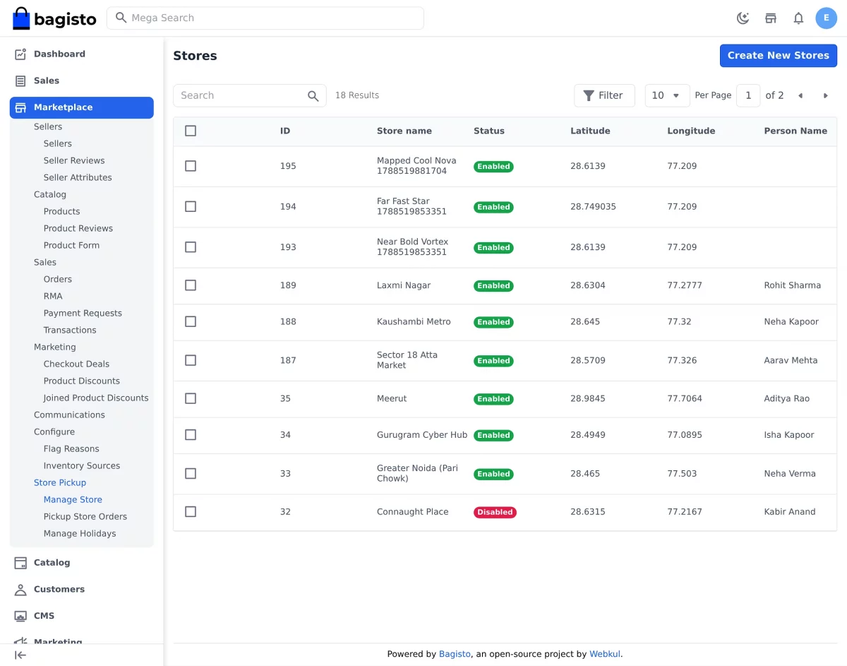 Bagisto store pickup extension admin grid listing pickup stores with status and coordinates