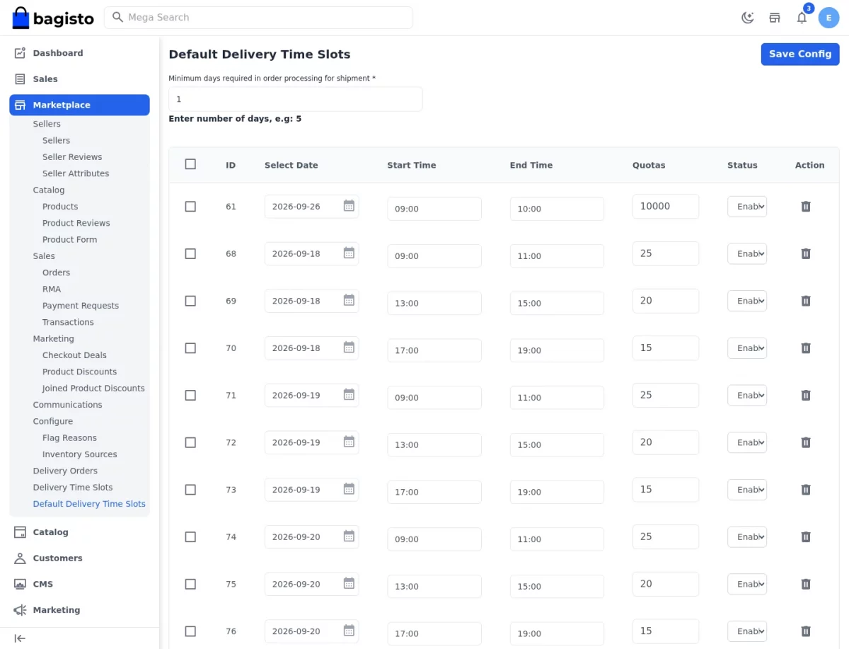 Bagisto Marketplace Delivery Time Slot SaaS Default Delivery Time Slots screen listing admin slots with date, start time, end time and quota