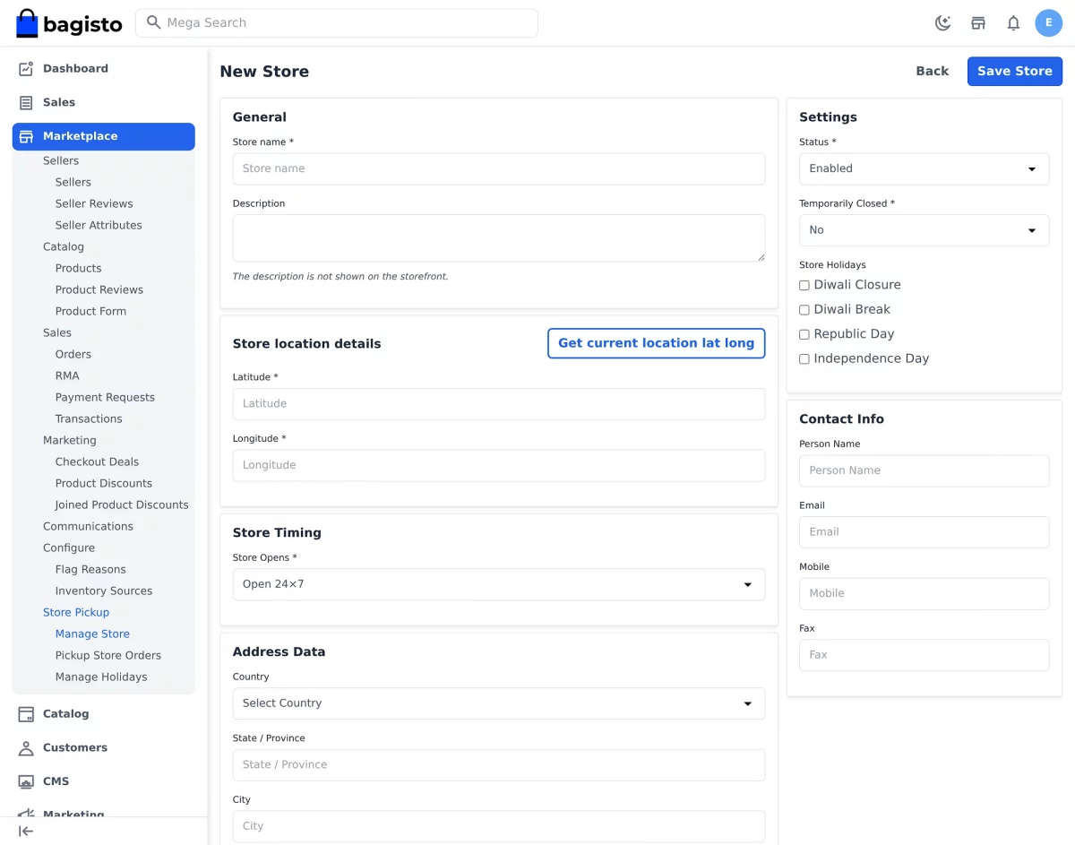 Admin form for creating a new pickup store with coordinates and opening hours