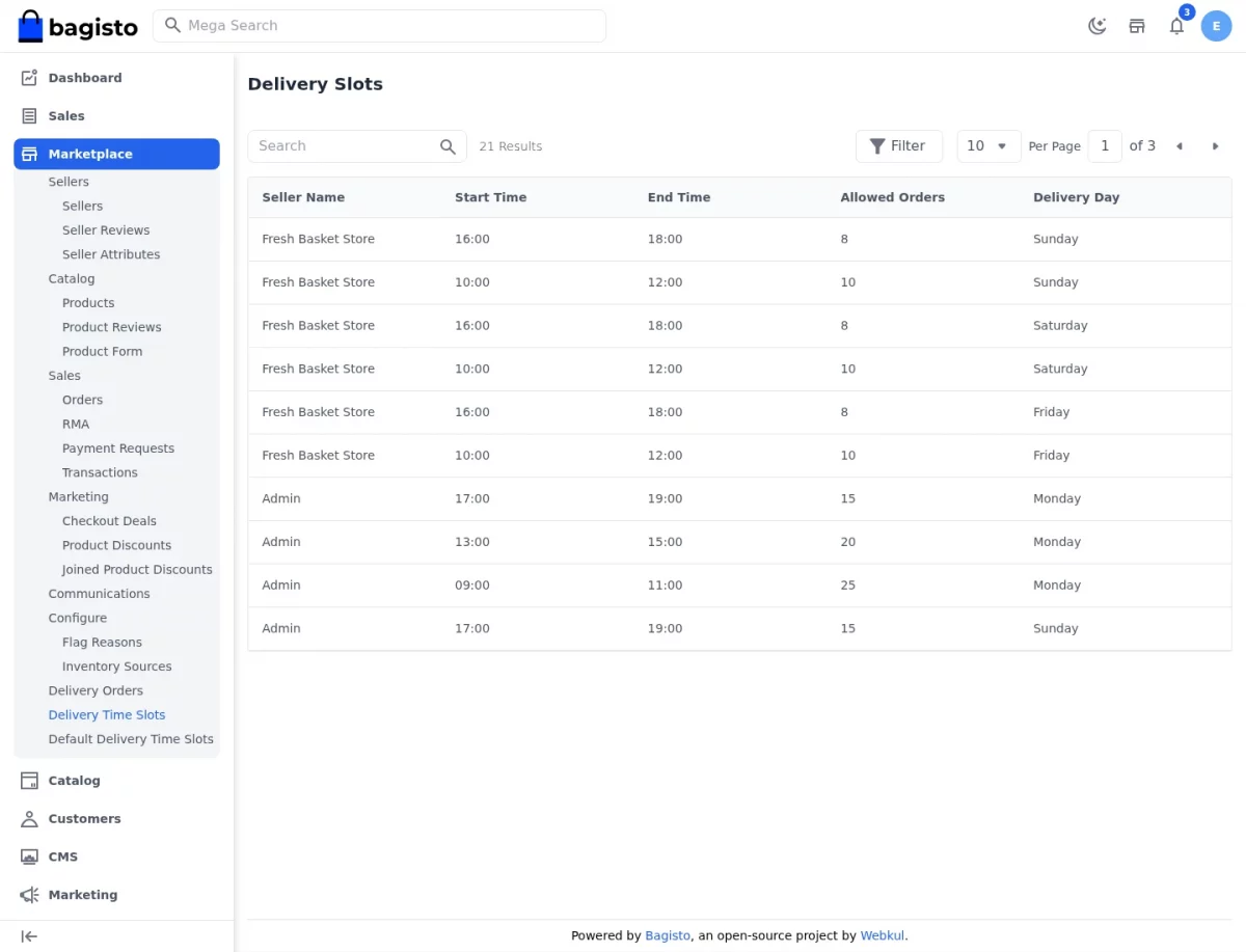 Bagisto Marketplace Delivery Time Slot SaaS Delivery Time Slots grid listing slots by seller name, day and time