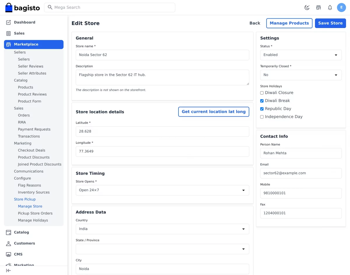 Admin edit form for an existing pickup store