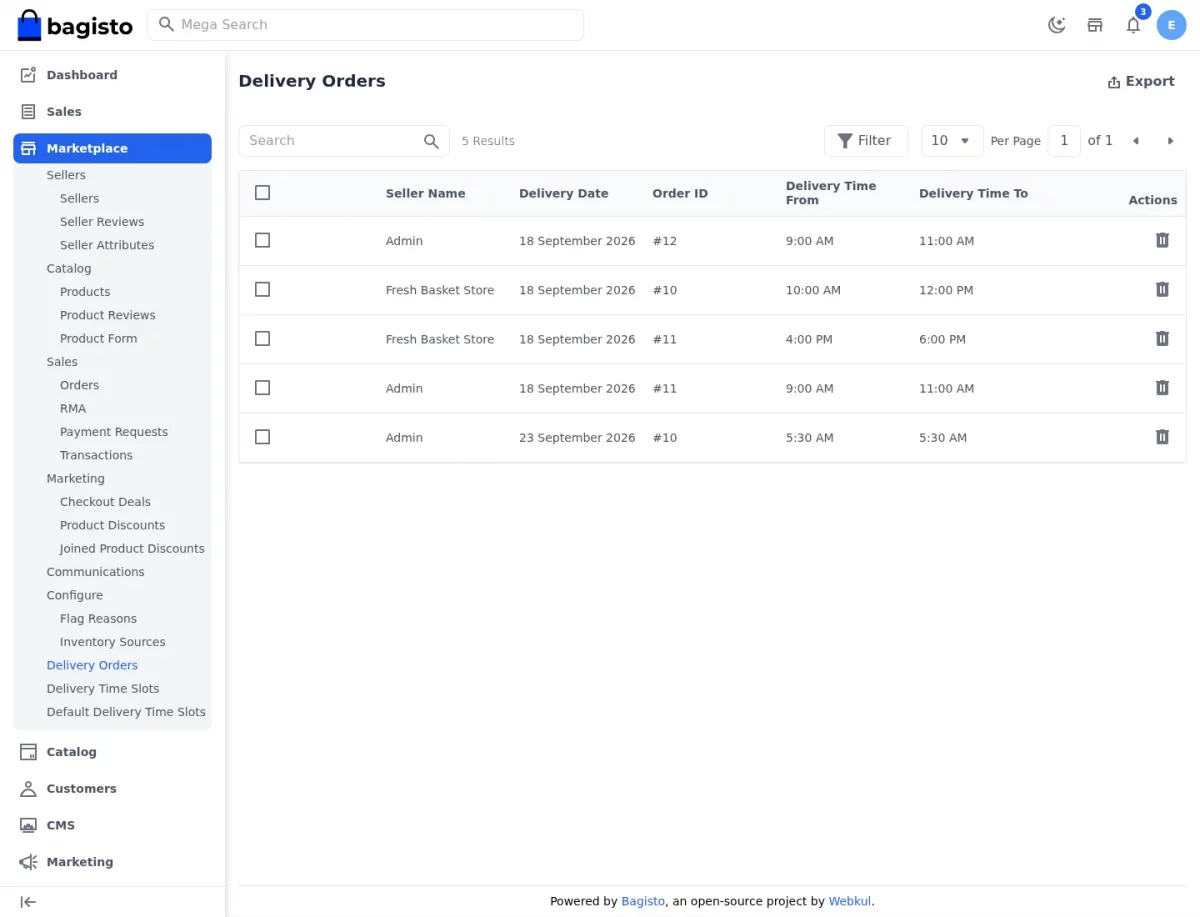 Bagisto Marketplace Delivery Time Slot SaaS Delivery Orders grid showing booked slots with seller name, delivery date and order ID