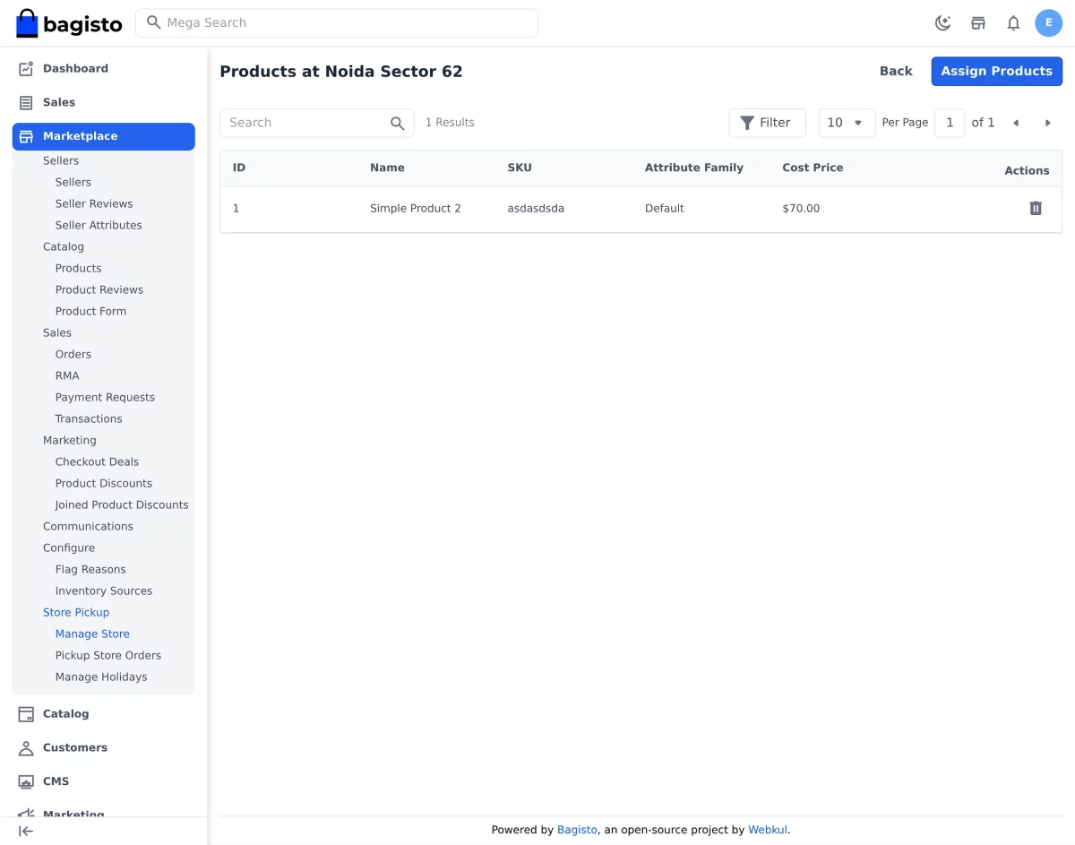 Products assigned to a pickup store in the Bagisto admin panel