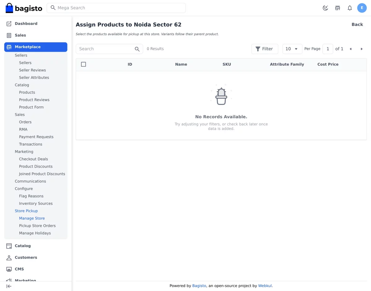Assign products screen for adding products to a pickup store